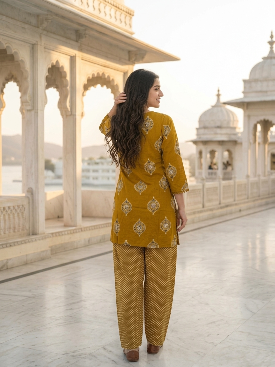 Mustard Yellow Ethnic Floral Printed Pure Cotton Straight Kurta Set with Mirror Work, Round Neck, Farshi Salwar & Printed Pure Cotton Dupatta