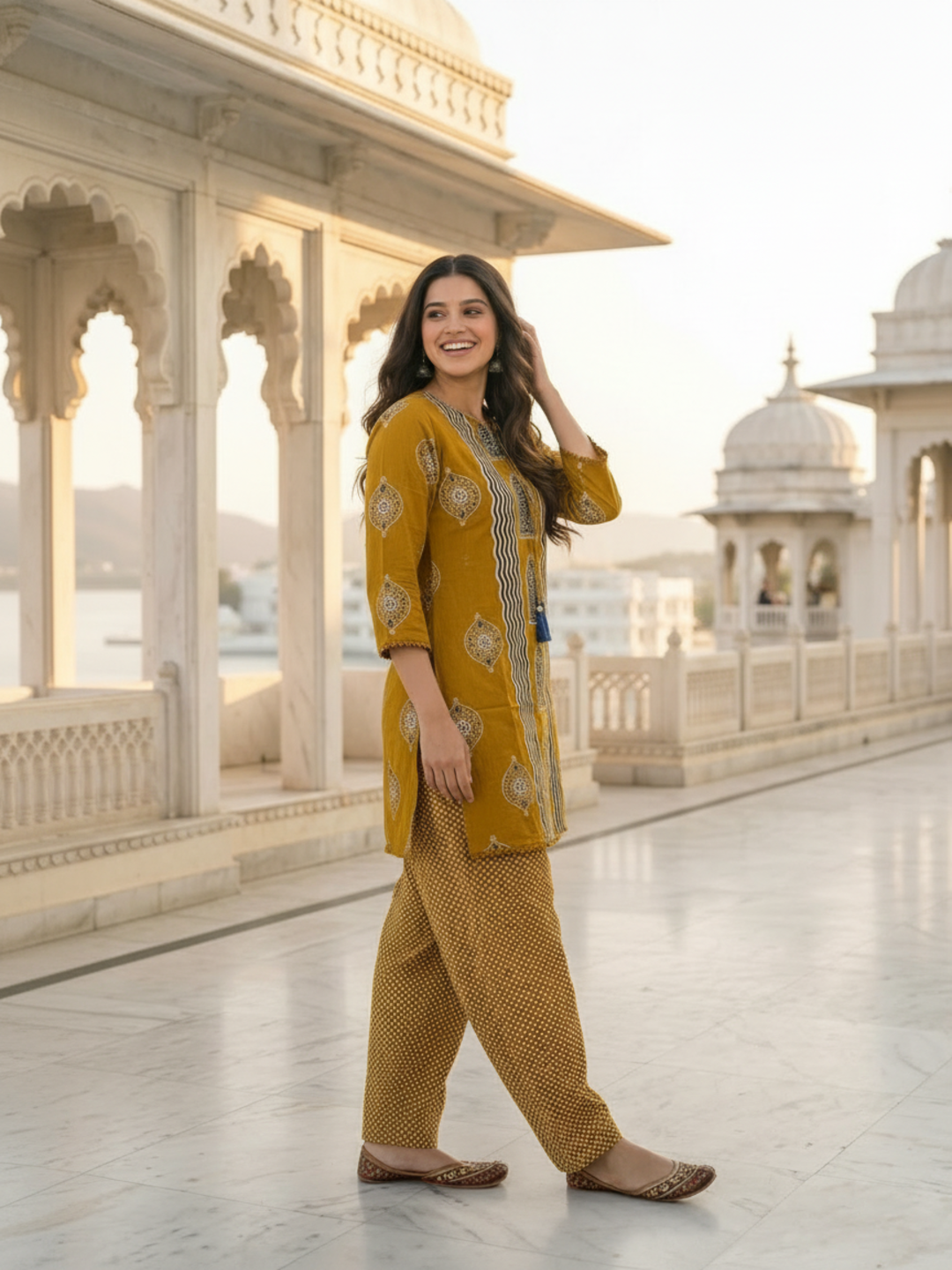 Mustard Yellow Ethnic Floral Printed Pure Cotton Straight Kurta Set with Mirror Work, Round Neck, Farshi Salwar & Printed Pure Cotton Dupatta