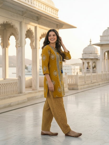 Mustard Yellow Ethnic Floral Printed Pure Cotton Straight Kurta Set with Mirror Work, Round Neck, Farshi Salwar & Printed Pure Cotton Dupatta
