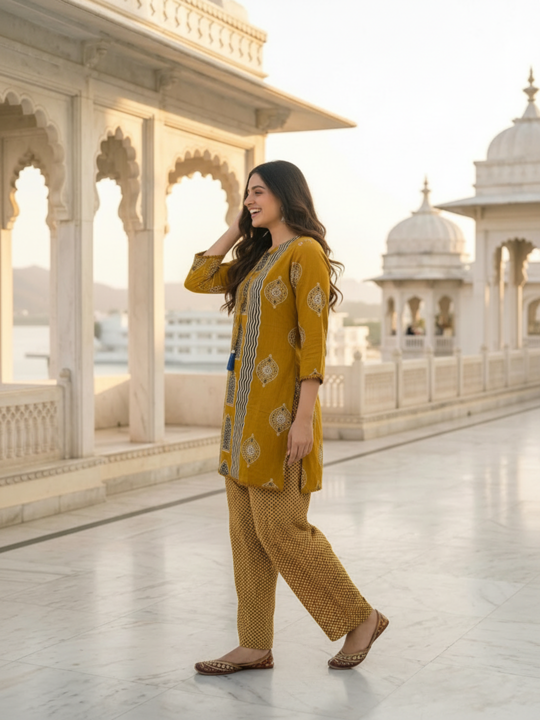 Mustard Yellow Ethnic Floral Printed Pure Cotton Straight Kurta Set with Mirror Work, Round Neck, Farshi Salwar & Printed Pure Cotton Dupatta