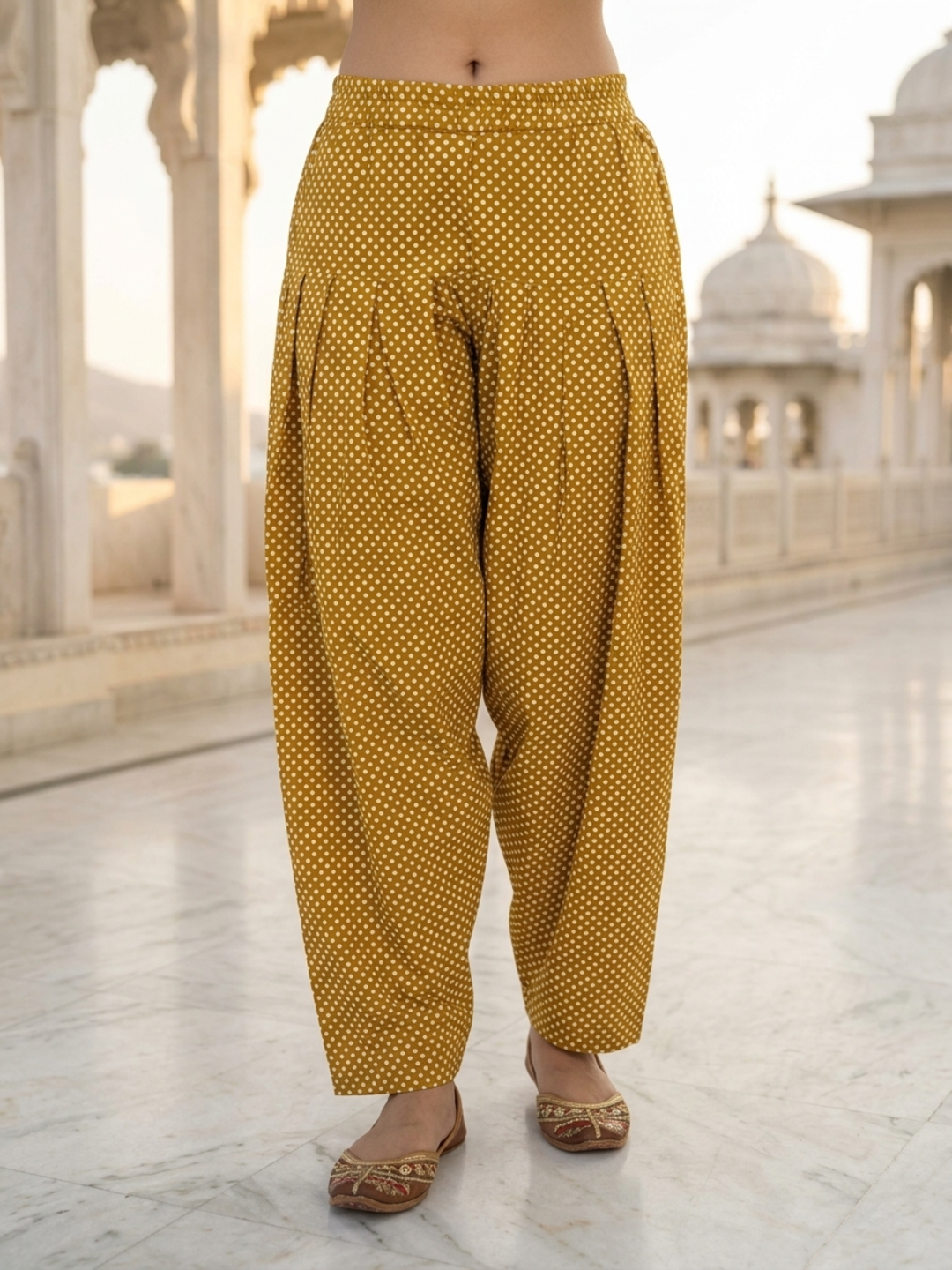 Mustard Yellow Ethnic Floral Printed Pure Cotton Straight Kurta Set with Mirror Work, Round Neck, Farshi Salwar & Printed Pure Cotton Dupatta