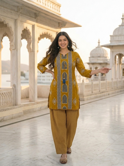 Mustard Yellow Ethnic Floral Printed Pure Cotton Straight Kurta Set with Mirror Work, Round Neck, Farshi Salwar & Printed Pure Cotton Dupatta