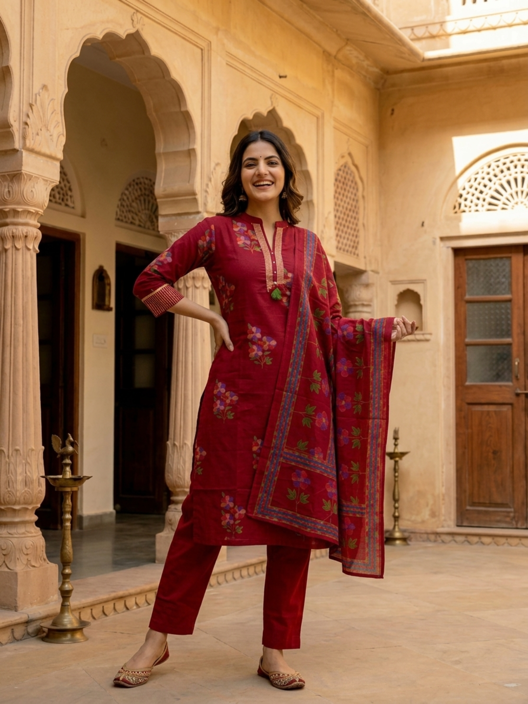 Maroon Floral Printed Cotton Straight Kurta Set with Kantha Work, Mandarin Collar, Palazzo & Solid Pure Cotton Printed Border Dupatta