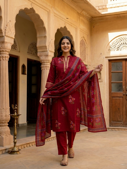 Maroon Floral Printed Cotton Straight Kurta Set with Kantha Work, Mandarin Collar, Palazzo & Solid Pure Cotton Printed Border Dupatta