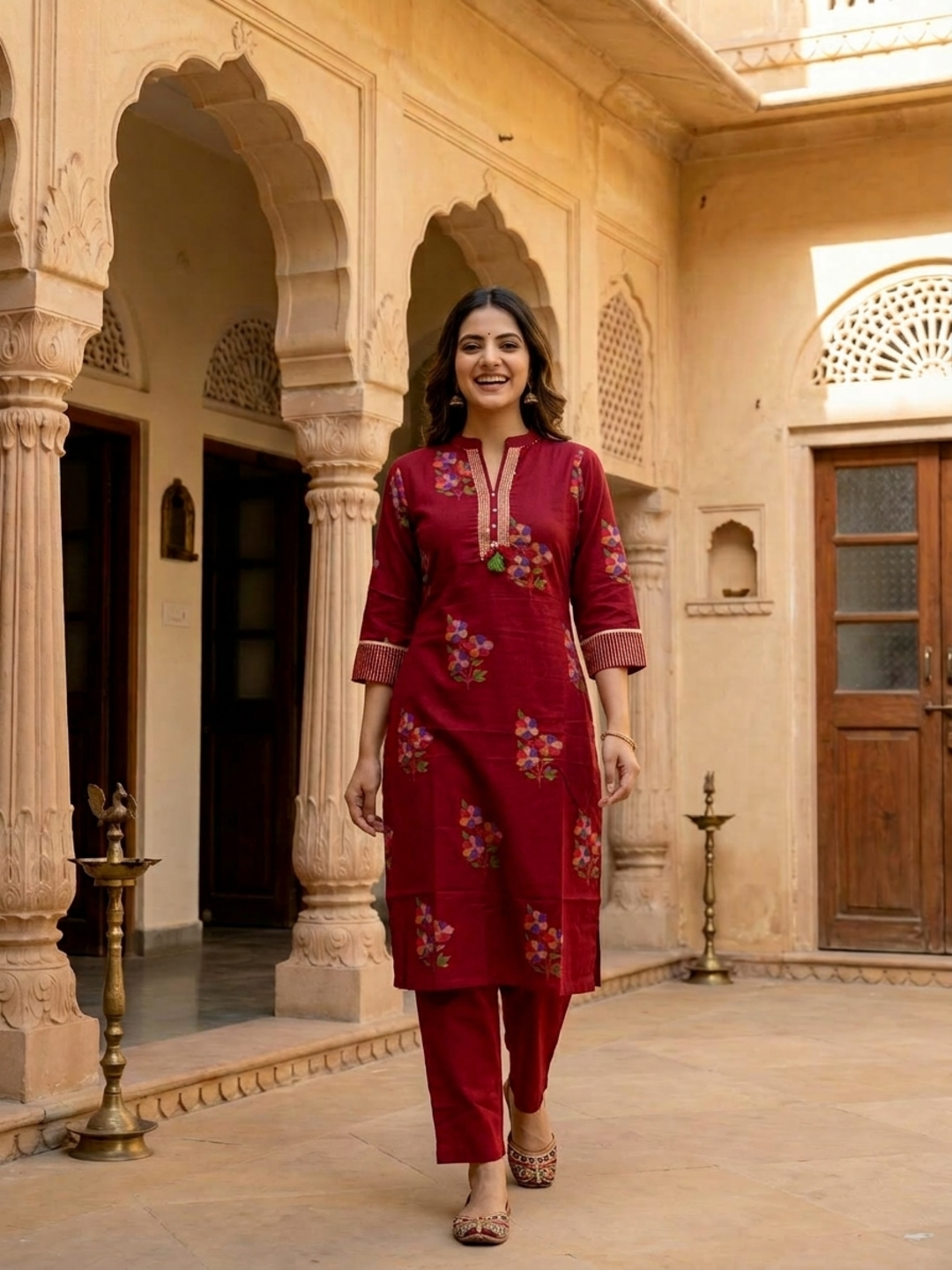 Maroon Floral Printed Cotton Straight Kurta Set with Kantha Work, Mandarin Collar, Palazzo & Solid Pure Cotton Printed Border Dupatta