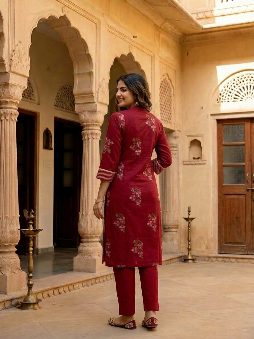 Maroon Floral Printed Cotton Straight Kurta Set with Kantha Work, Mandarin Collar, Palazzo & Solid Pure Cotton Printed Border Dupatta