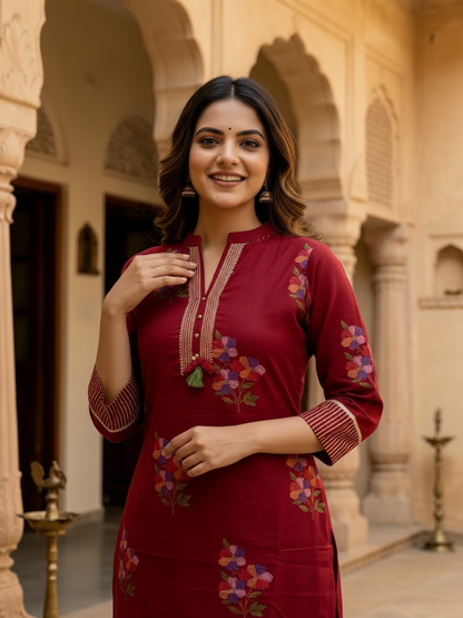 Maroon Floral Printed Cotton Straight Kurta Set with Kantha Work, Mandarin Collar, Palazzo & Solid Pure Cotton Printed Border Dupatta