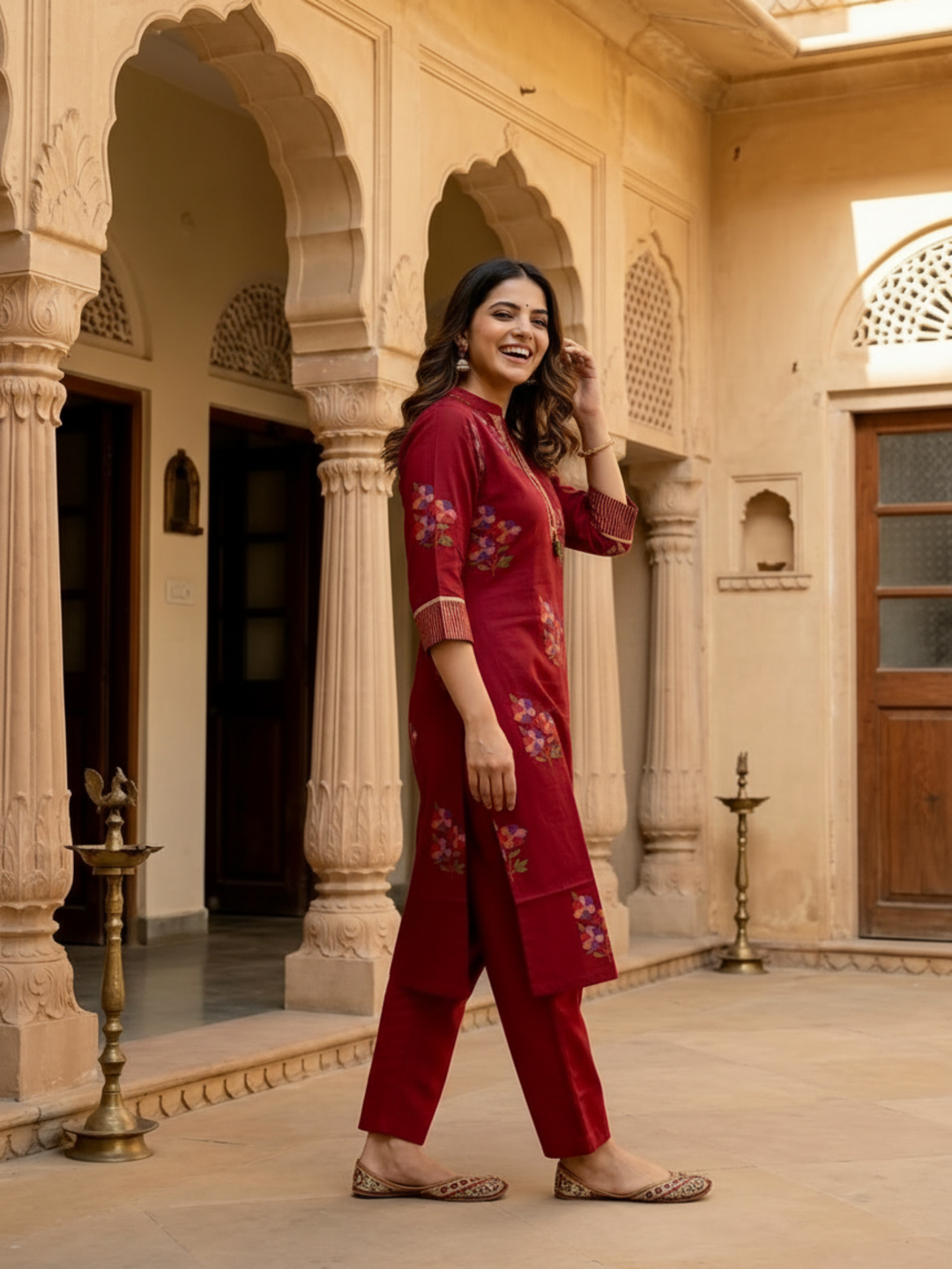 Maroon Floral Printed Cotton Straight Kurta Set with Kantha Work, Mandarin Collar, Palazzo & Solid Pure Cotton Printed Border Dupatta