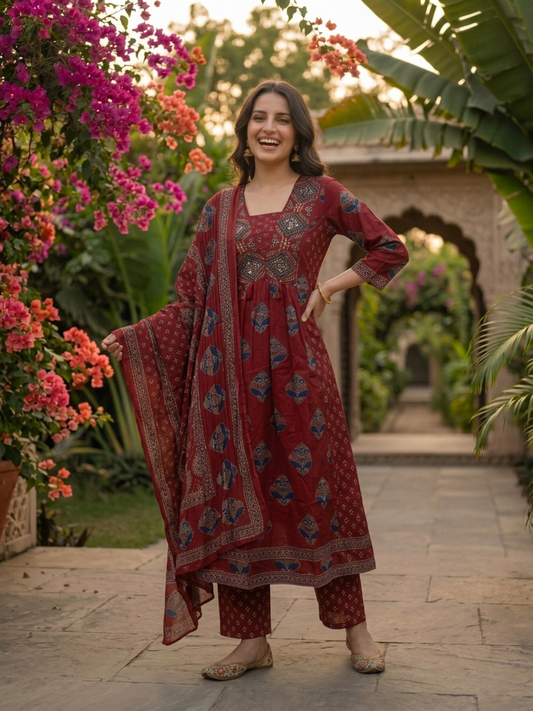 Maroon Ethnic Floral Printed Cotton Anarkali Kurta Set with Bead & Sequin Embroidery, V-Neck, Palazzo & Printed Pure Cotton Dupatta