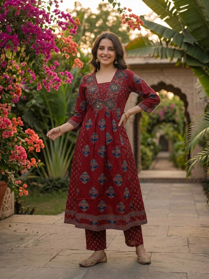 Maroon Ethnic Floral Printed Cotton Anarkali Kurta Set with Bead & Sequin Embroidery, V-Neck, Palazzo & Printed Pure Cotton Dupatta