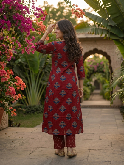 Maroon Ethnic Floral Printed Cotton Anarkali Kurta Set with Bead & Sequin Embroidery, V-Neck, Palazzo & Printed Pure Cotton Dupatta