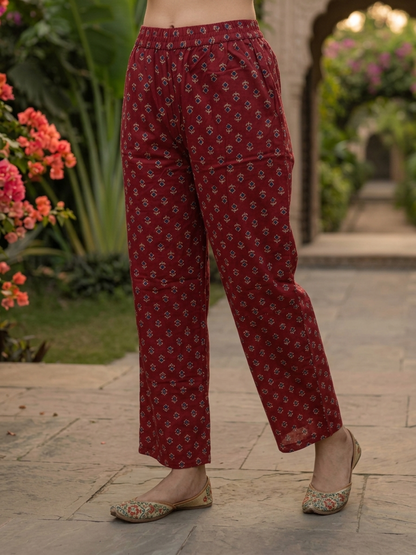 Maroon Ethnic Floral Printed Cotton Anarkali Kurta Set with Bead & Sequin Embroidery, V-Neck, Palazzo & Printed Pure Cotton Dupatta