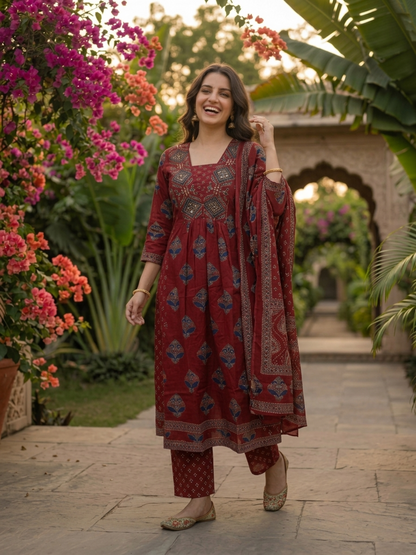 Maroon Ethnic Floral Printed Cotton Anarkali Kurta Set with Bead & Sequin Embroidery, V-Neck, Palazzo & Printed Pure Cotton Dupatta