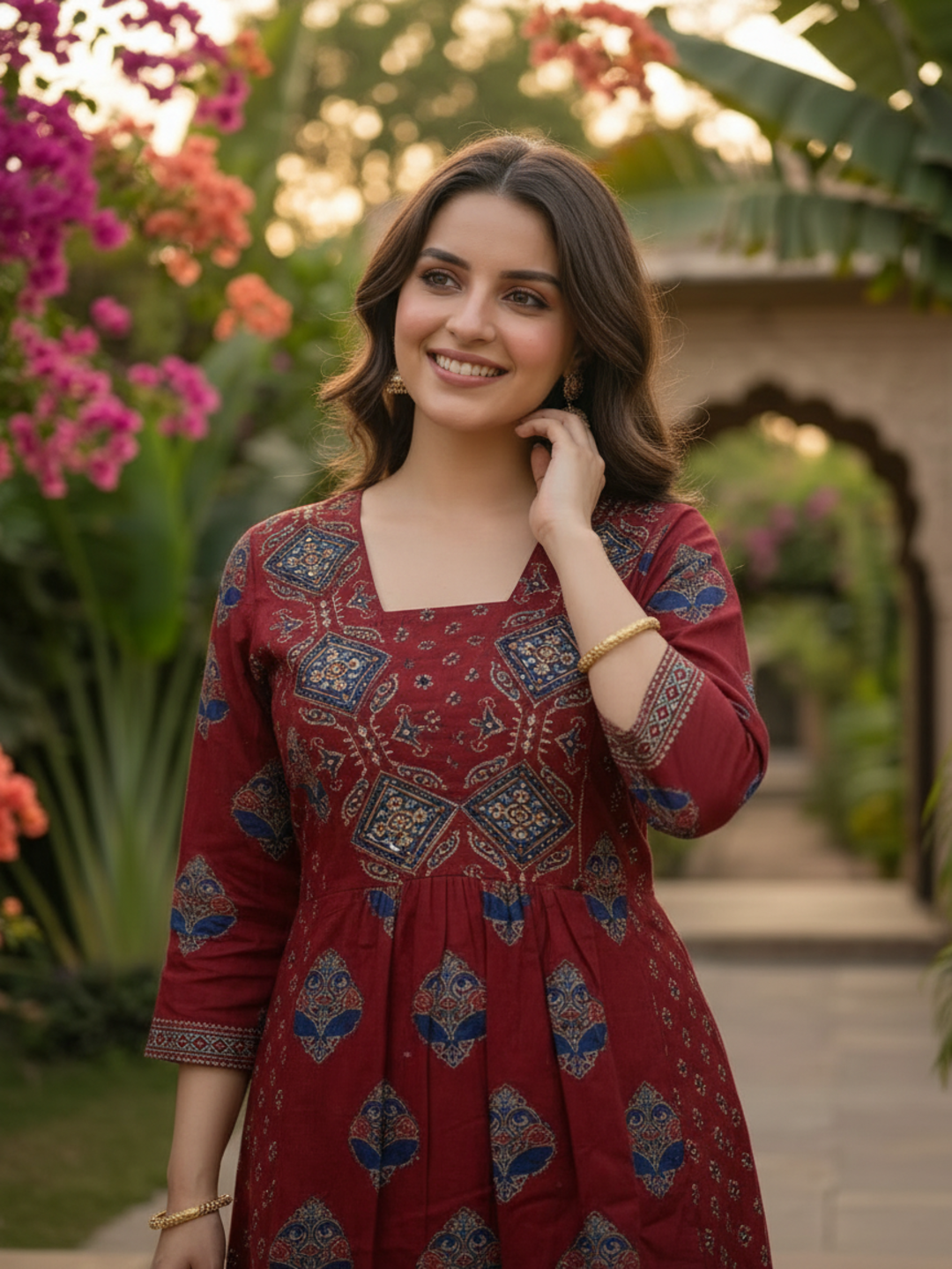 Maroon Ethnic Floral Printed Cotton Anarkali Kurta Set with Bead & Sequin Embroidery, V-Neck, Palazzo & Printed Pure Cotton Dupatta