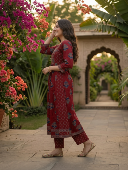 Maroon Ethnic Floral Printed Cotton Anarkali Kurta Set with Bead & Sequin Embroidery, V-Neck, Palazzo & Printed Pure Cotton Dupatta