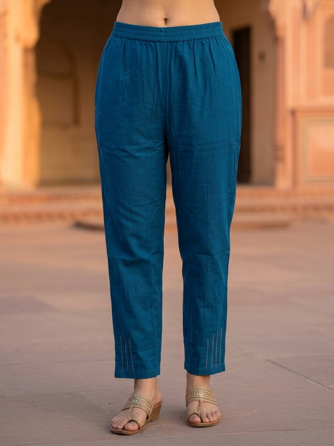 Slate Blue Cotton Flax Co-ord Set with 3D Floral Embroidery & Pant
