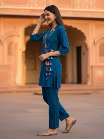 Slate Blue Cotton Flax Co-ord Set with 3D Floral Embroidery & Pant
