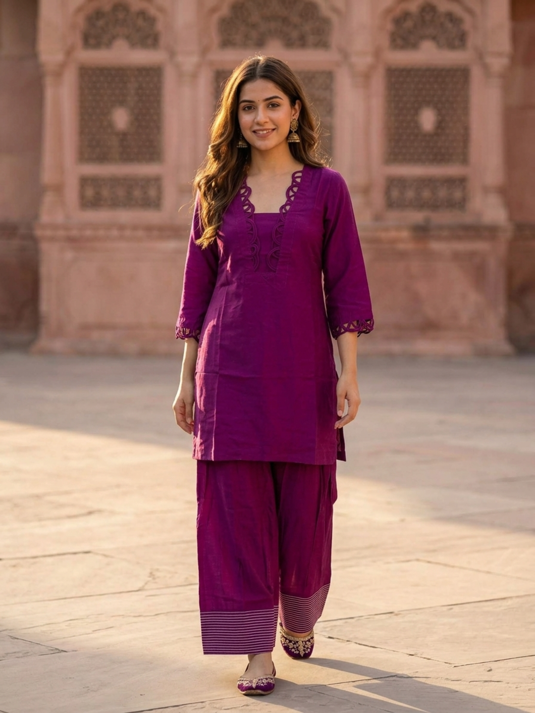 Purple Shantoon Short Kurta Set with Scalloped V-Neck & Salwar