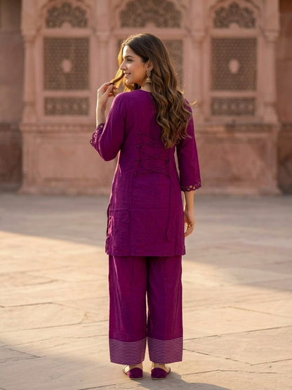Purple Shantoon Short Kurta Set with Scalloped V-Neck & Salwar