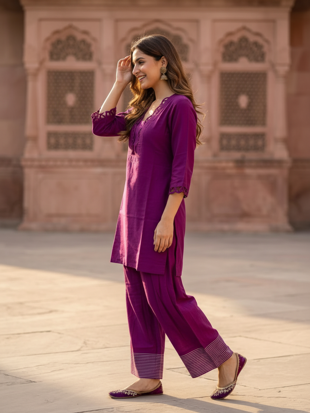 Purple Shantoon Short Kurta Set with Scalloped V-Neck & Salwar