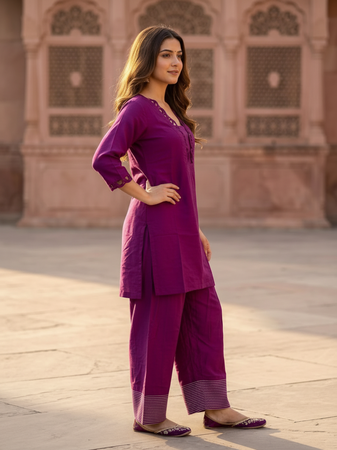 Purple Shantoon Short Kurta Set with Scalloped V-Neck & Salwar