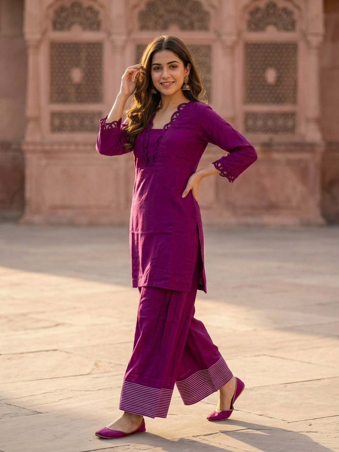 Purple Shantoon Short Kurta Set with Scalloped V-Neck & Salwar