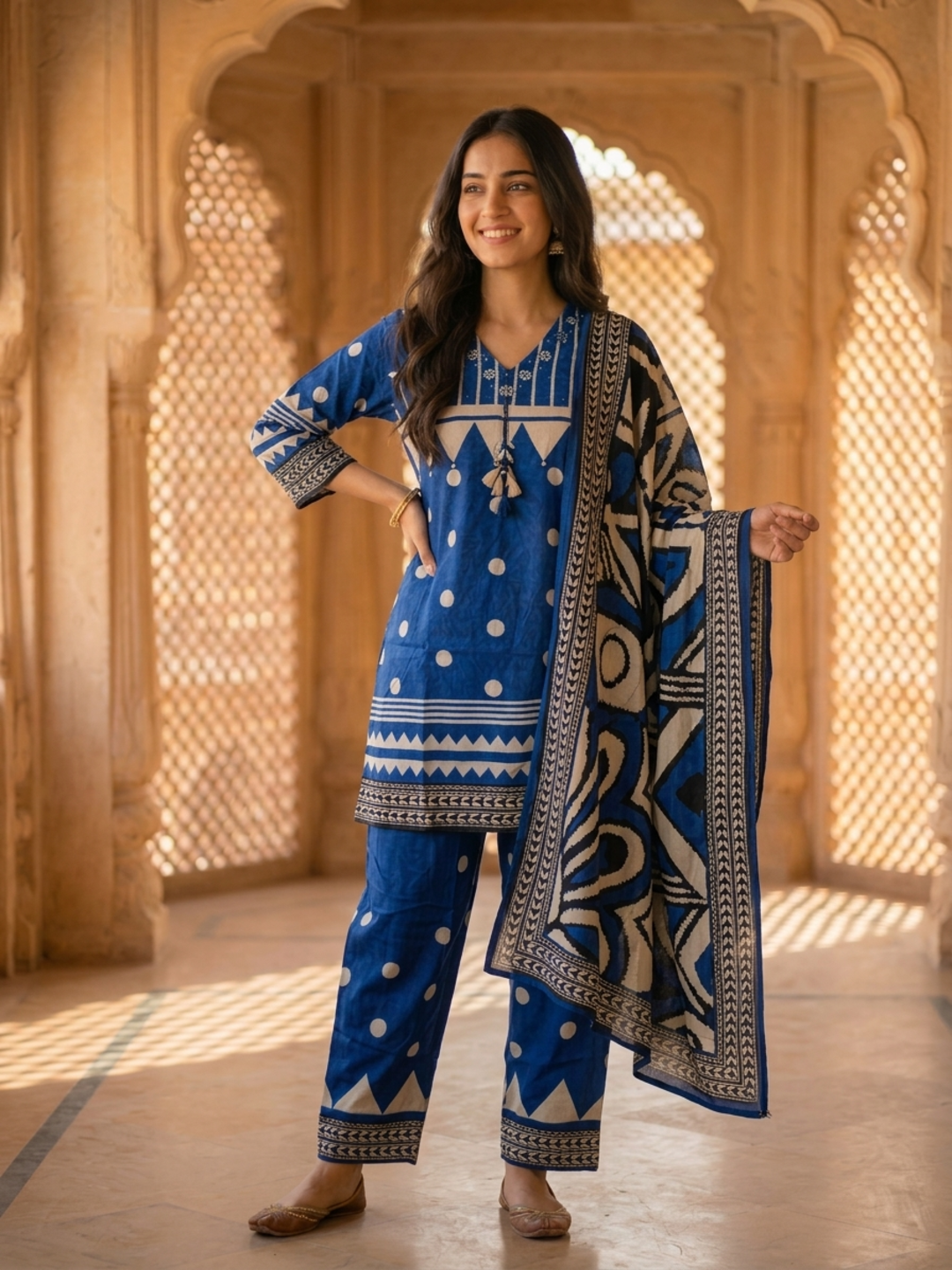 Blue Floral Crepe Kurta Set with Mirror Work & Sequins, Salwar & Dupatta