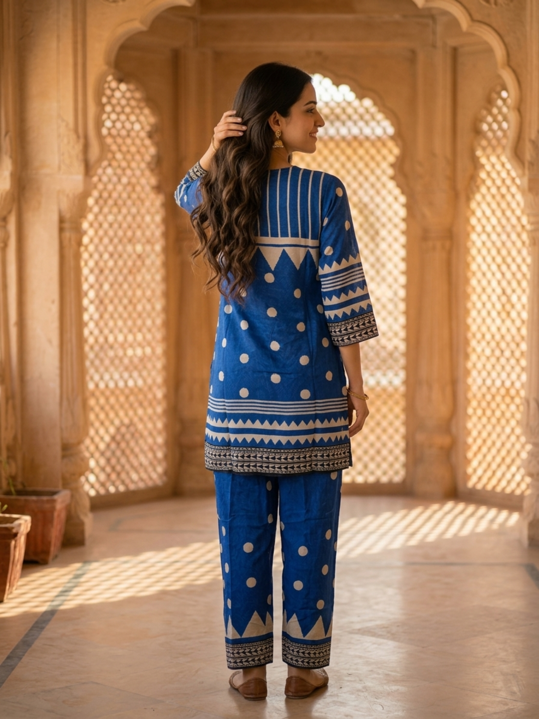 Blue Floral Crepe Kurta Set with Mirror Work & Sequins, Salwar & Dupatta