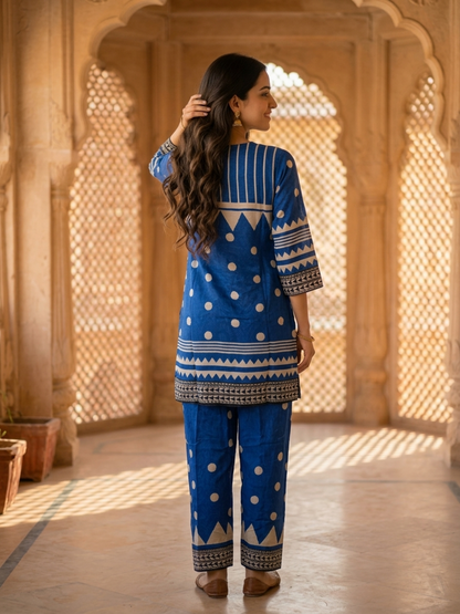 Blue Floral Crepe Kurta Set with Mirror Work & Sequins, Salwar & Dupatta