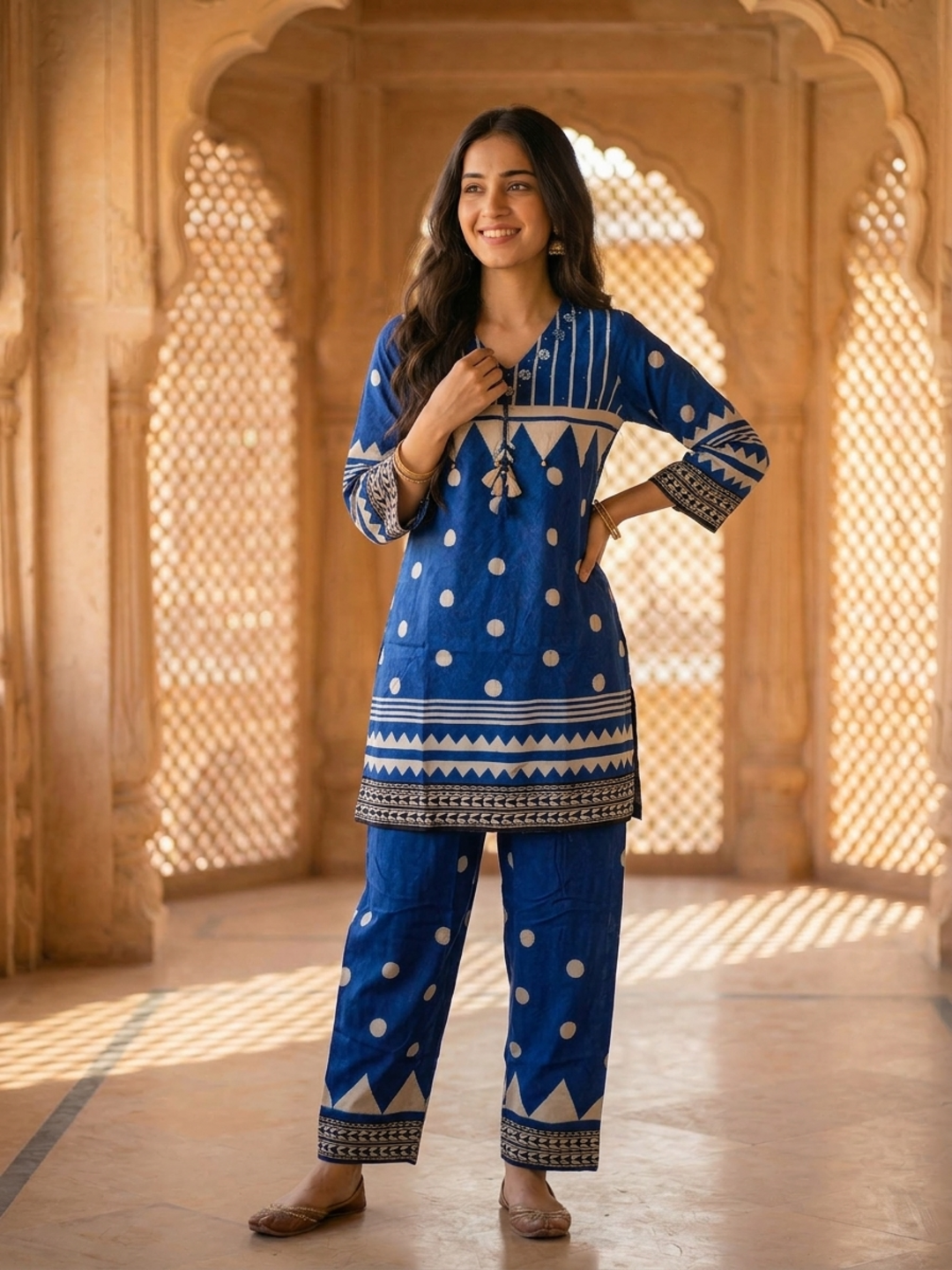 Blue Floral Crepe Kurta Set with Mirror Work & Sequins, Salwar & Dupatta