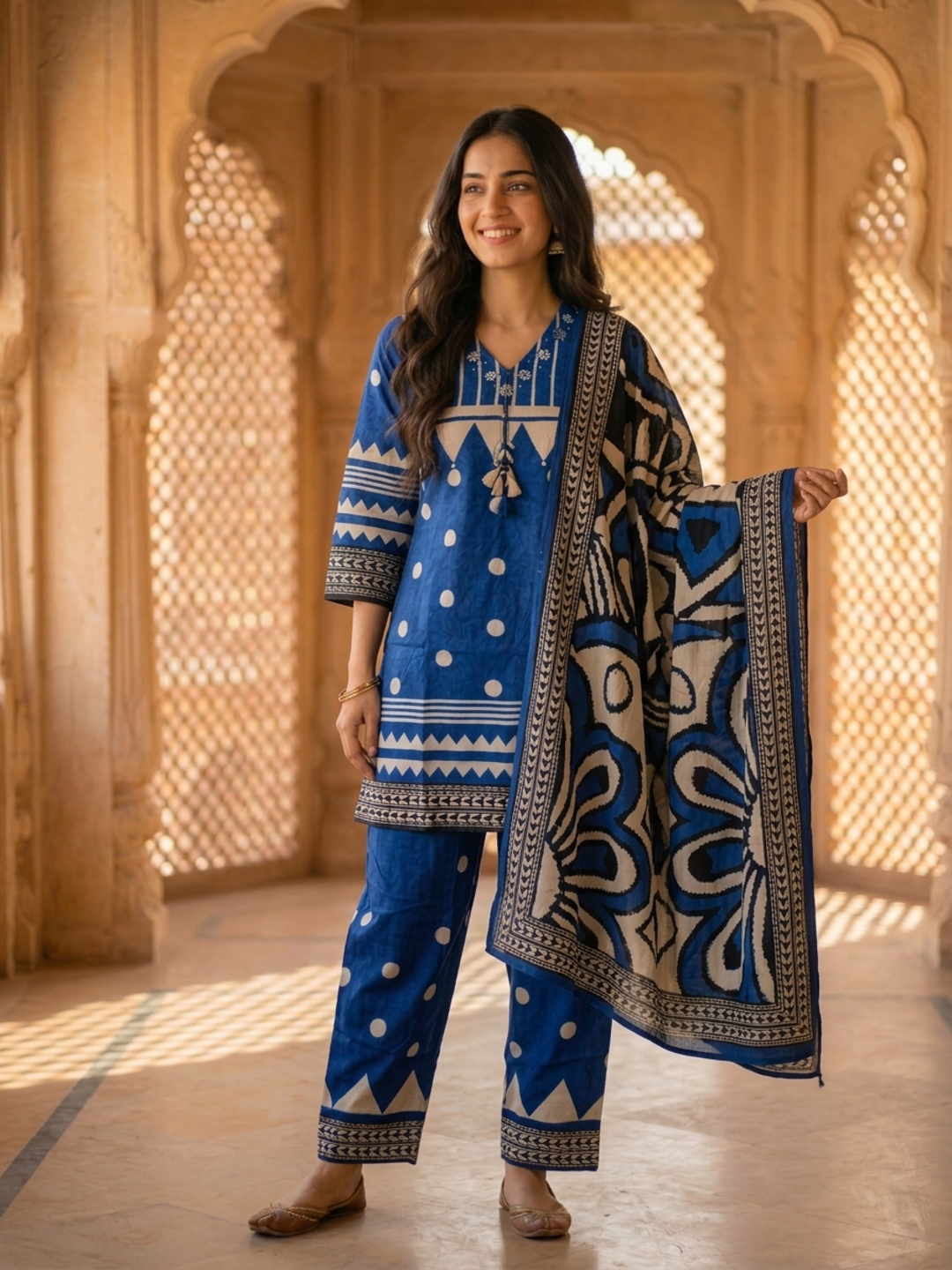 Blue Floral Crepe Kurta Set with Mirror Work & Sequins, Salwar & Dupatta