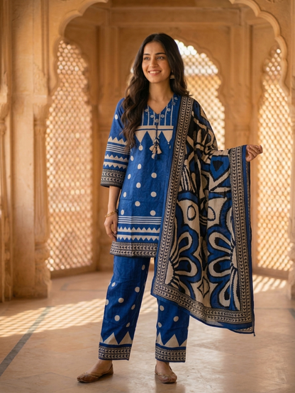 Blue Floral Crepe Kurta Set with Mirror Work & Sequins, Salwar & Dupatta