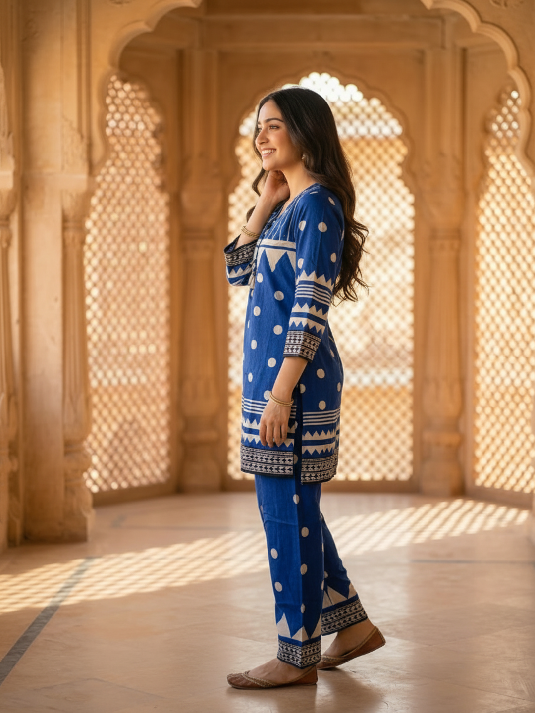 Blue Floral Crepe Kurta Set with Mirror Work & Sequins, Salwar & Dupatta