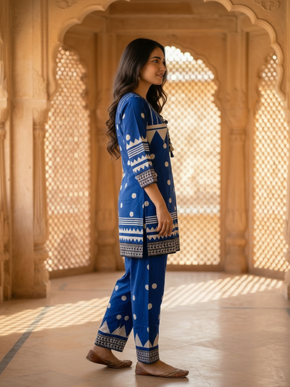 Blue Floral Crepe Kurta Set with Mirror Work & Sequins, Salwar & Dupatta