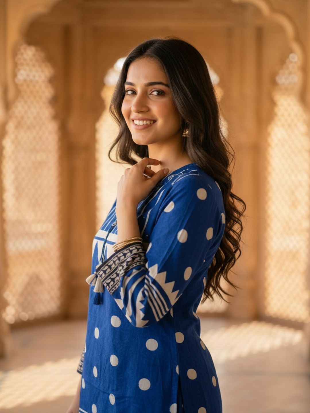 Blue Floral Crepe Kurta Set with Mirror Work & Sequins, Salwar & Dupatta