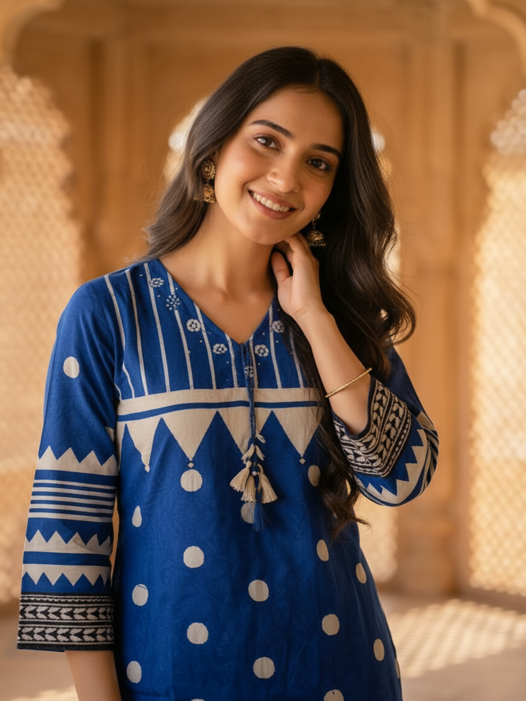 Blue Floral Crepe Kurta Set with Mirror Work & Sequins, Salwar & Dupatta