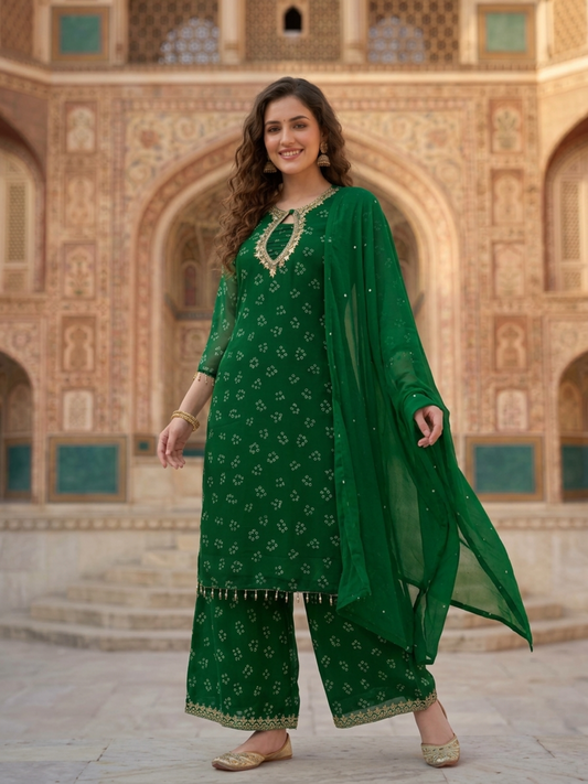 Emerald Green Bandhani Kurta Set with Gota Patti Work, Palazzo & Dupatta