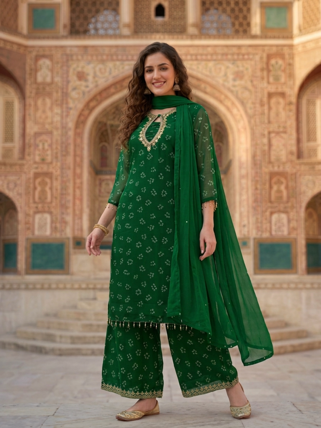 Emerald Green Bandhani Kurta Set with Gota Patti Work, Palazzo & Dupatta