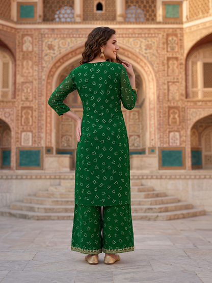 Emerald Green Bandhani Kurta Set with Gota Patti Work, Palazzo & Dupatta