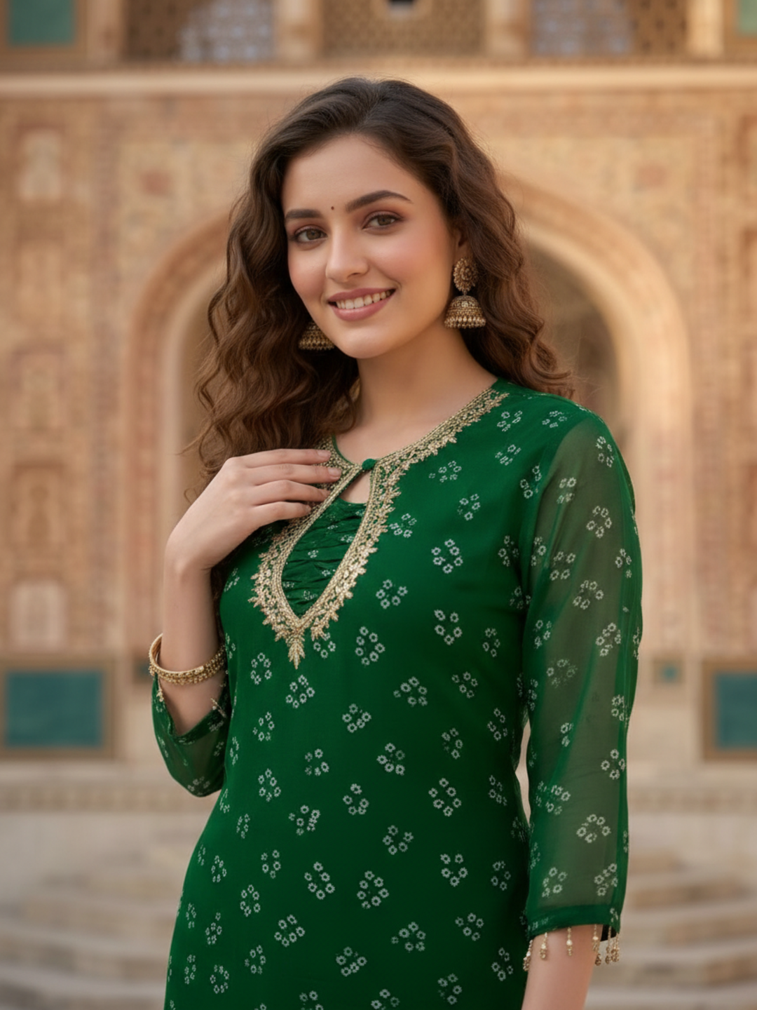 Emerald Green Bandhani Kurta Set with Gota Patti Work, Palazzo & Dupatta