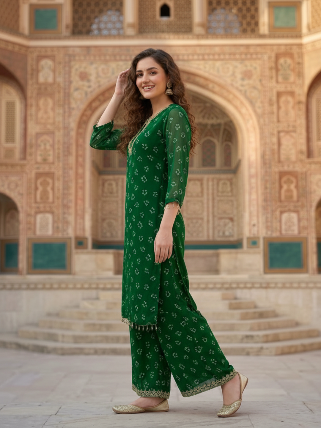 Emerald Green Bandhani Kurta Set with Gota Patti Work, Palazzo & Dupatta