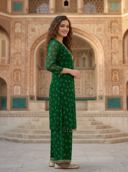 Emerald Green Bandhani Kurta Set with Gota Patti Work, Palazzo & Dupatta