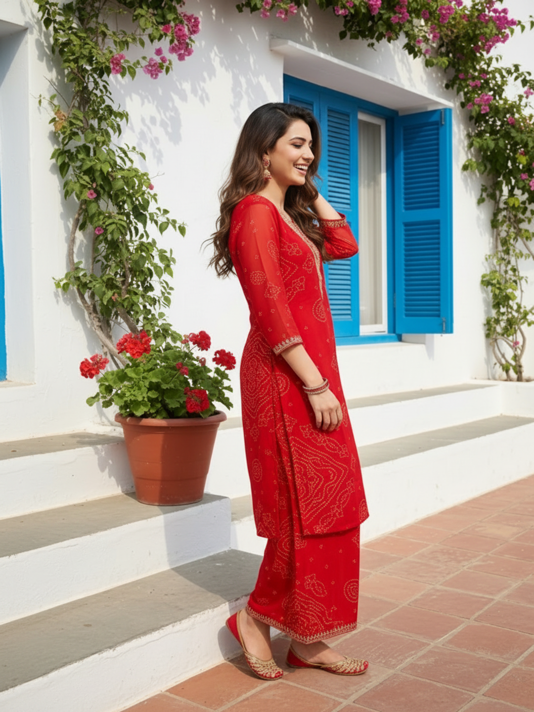 Crimson Red Bandhani Georgette Kurta Set with Gota Patti Work, Palazzo & Dupatta