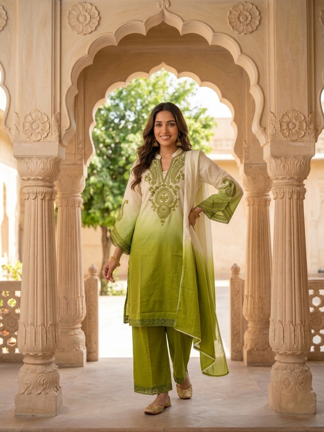 Lime Green Ombré Cotton Kurta Set with Mirror & Thread Embroidery, Palazzo & Dupatta