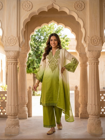 Lime Green Ombré Cotton Kurta Set with Mirror & Thread Embroidery, Palazzo & Dupatta