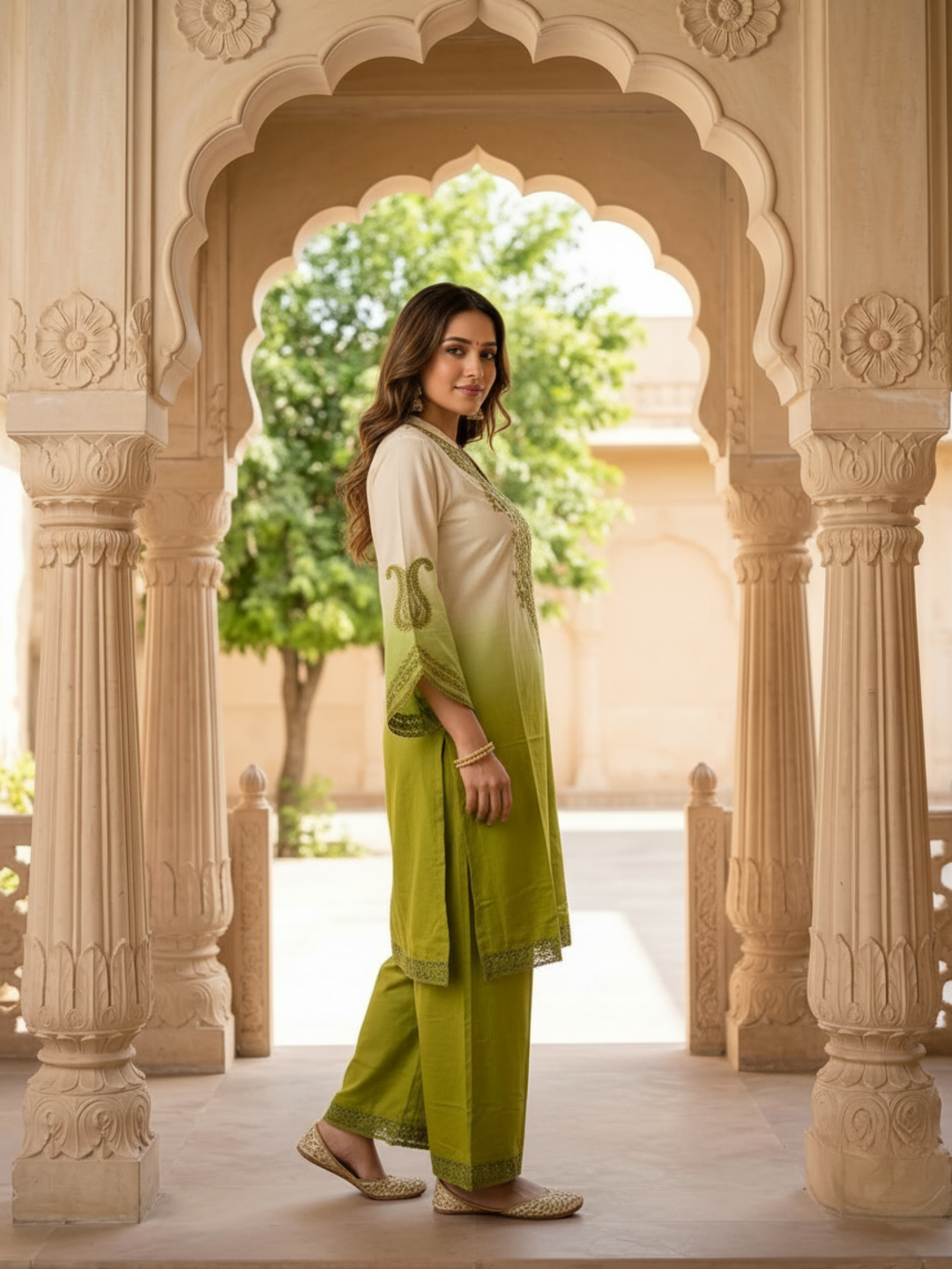 Lime Green Ombré Cotton Kurta Set with Mirror & Thread Embroidery, Palazzo & Dupatta