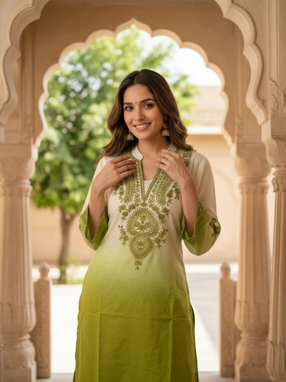 Lime Green Ombré Cotton Kurta Set with Mirror & Thread Embroidery, Palazzo & Dupatta