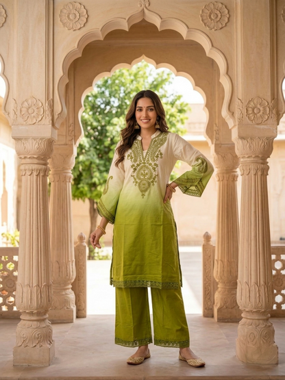 Lime Green Ombré Cotton Kurta Set with Mirror & Thread Embroidery, Palazzo & Dupatta