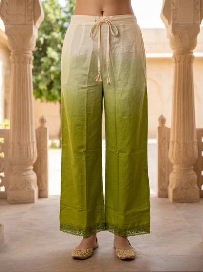 Lime Green Ombré Cotton Kurta Set with Mirror & Thread Embroidery, Palazzo & Dupatta