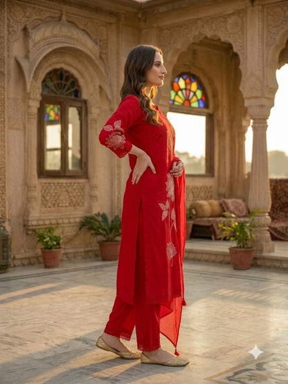 Red Solid Cotton A-Line Kurta Set with Floral Thread Embroidery, Round Neck, Drawstring Palazzo & Embroidered Pure Cotton Dupatta